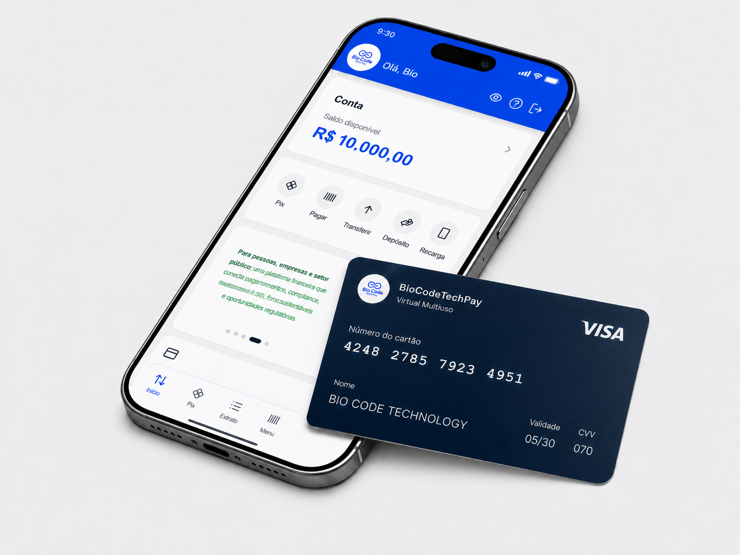 Aplicativo BioCodeTechPay em celular com cartao virtual