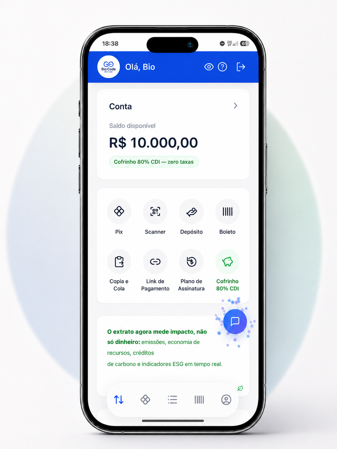 iPhone 17 exibindo a tela inicial do Bio Code Tech Pay: saldo disponível de dez mil reais, Cofrinho a 80% do CDI sem taxas e atalhos de Pix, scanner, depósito, boleto, links de pagamento e assinatura